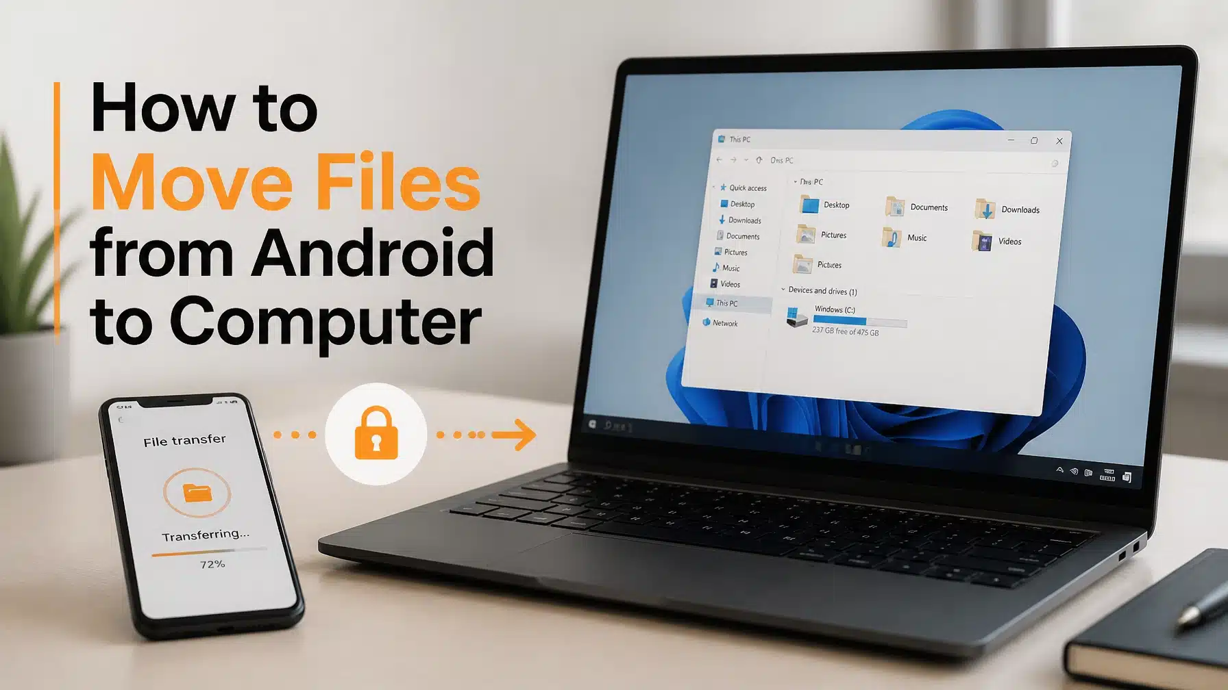 A modern workspace showing a seamless file transfer between an Android smartphone and a Windows computer with orange brand accents.