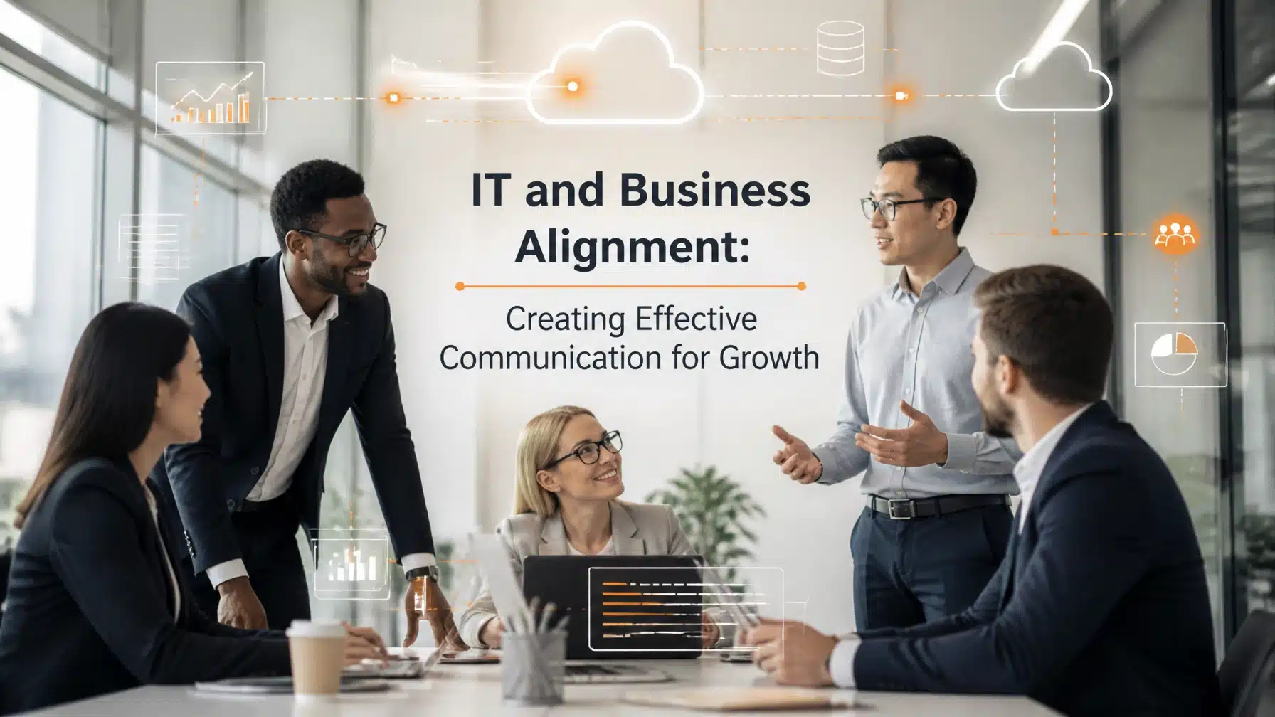 A diverse team of business and IT professionals collaborating in a modern office with orange cloud overlays and title text.