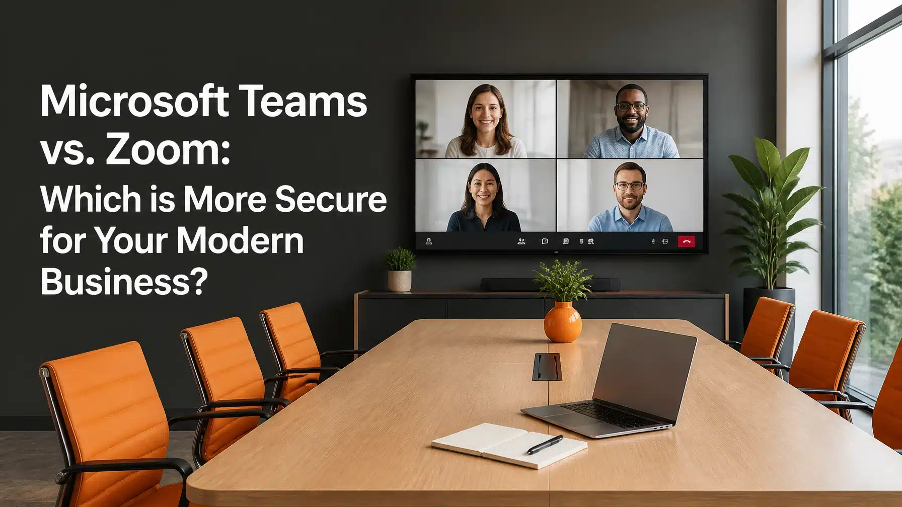 A modern office conference room with high-end video conferencing technology and professional security accents.