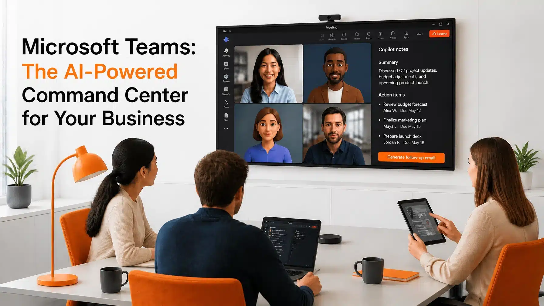 A hybrid meeting room featuring Microsoft Teams AI with 3D avatars and Copilot summaries on a large screen for modern business collaboration.