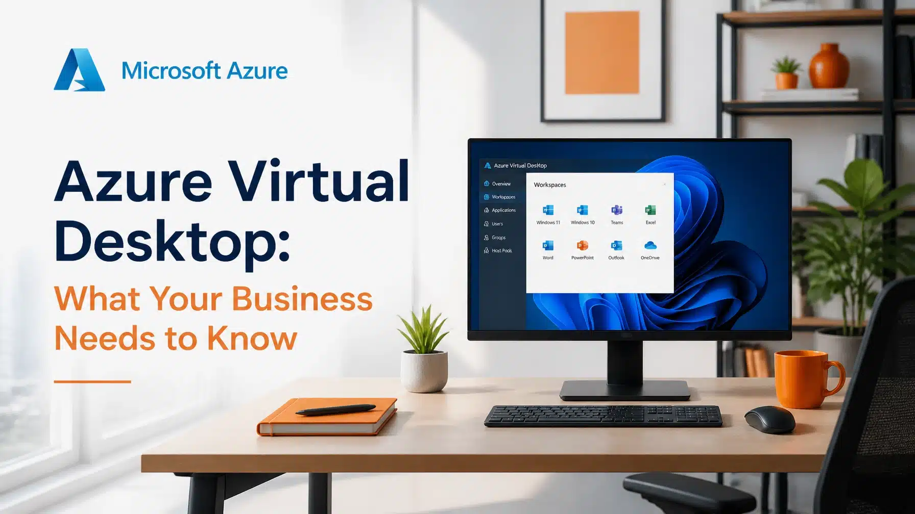 A modern office setting highlighting Azure Virtual Desktop benefits for remote business operations.