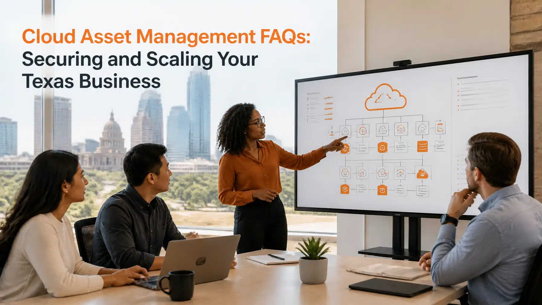 Professionals discussing cloud asset management in a modern Austin office with orange accents.
