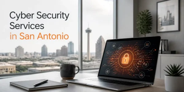 Modern secure network visualization representing cyber security services in San Antonio with orange highlights.