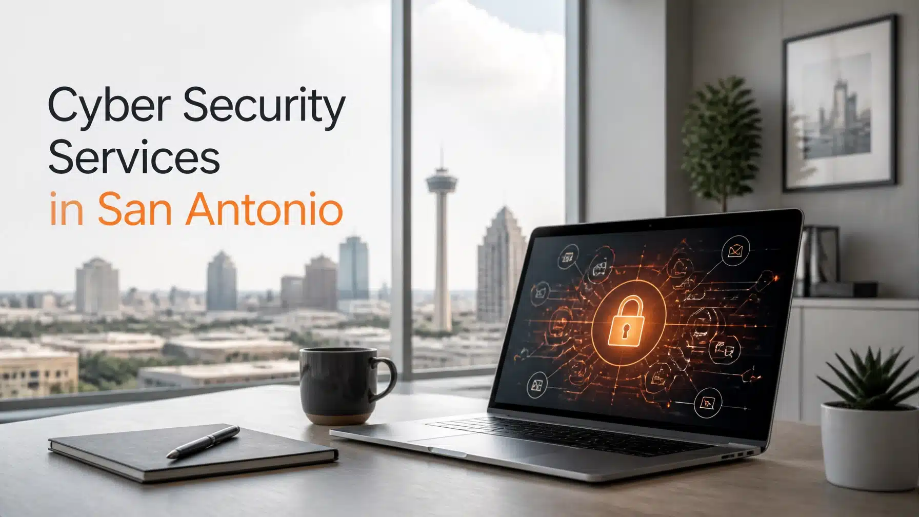 Modern secure network visualization representing cyber security services in San Antonio with orange highlights.