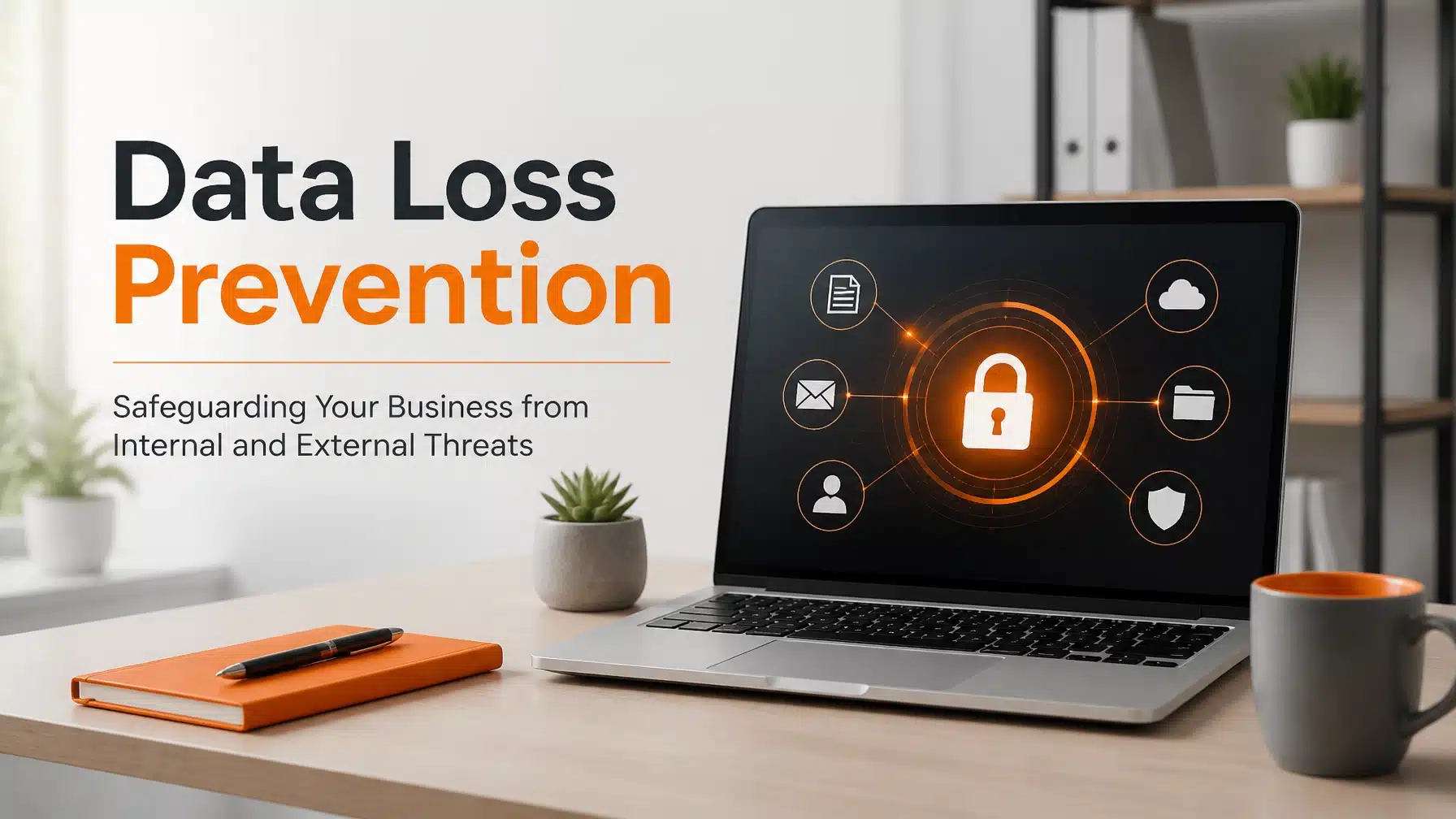 A modern office setting with the text Data Loss Prevention highlighting security strategy.