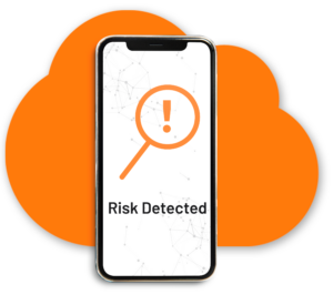 iPhone mockup for cybersecurity ebook that says "Risk Detected" on the screen and an orange cloud in the background.