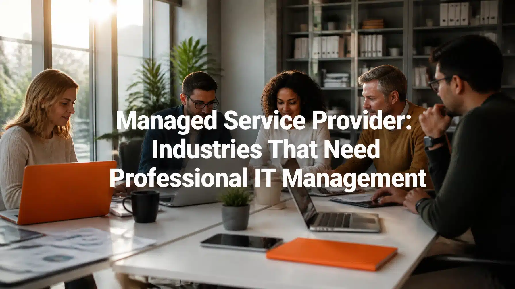 A professional team in a modern office collaborating with a managed service provider for IT strategy.