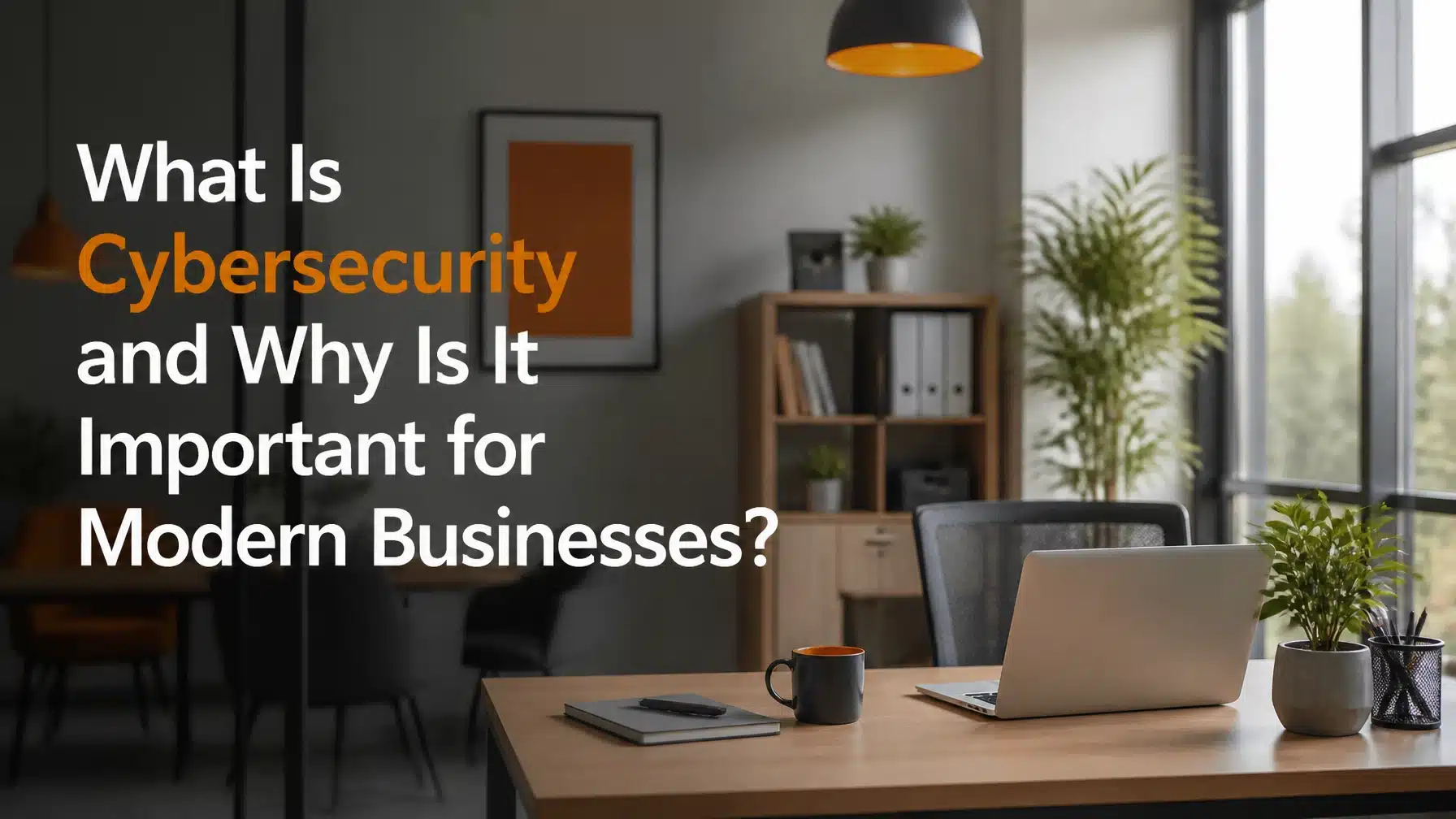 A modern office workspace with clean lighting and orange accents illustrating the importance of cybersecurity for businesses.
