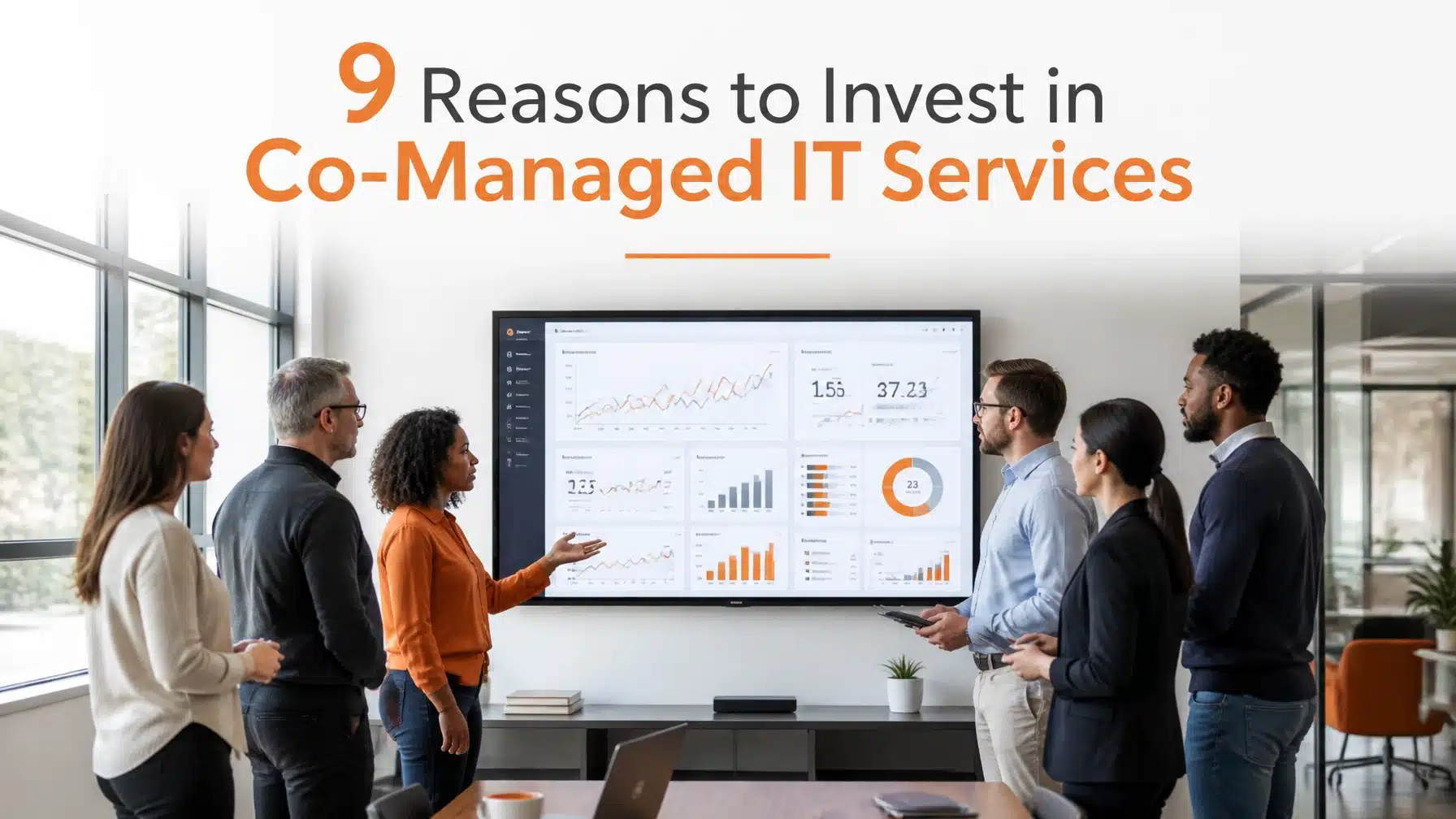 Two IT teams collaborating in a modern office to support co-managed IT services.