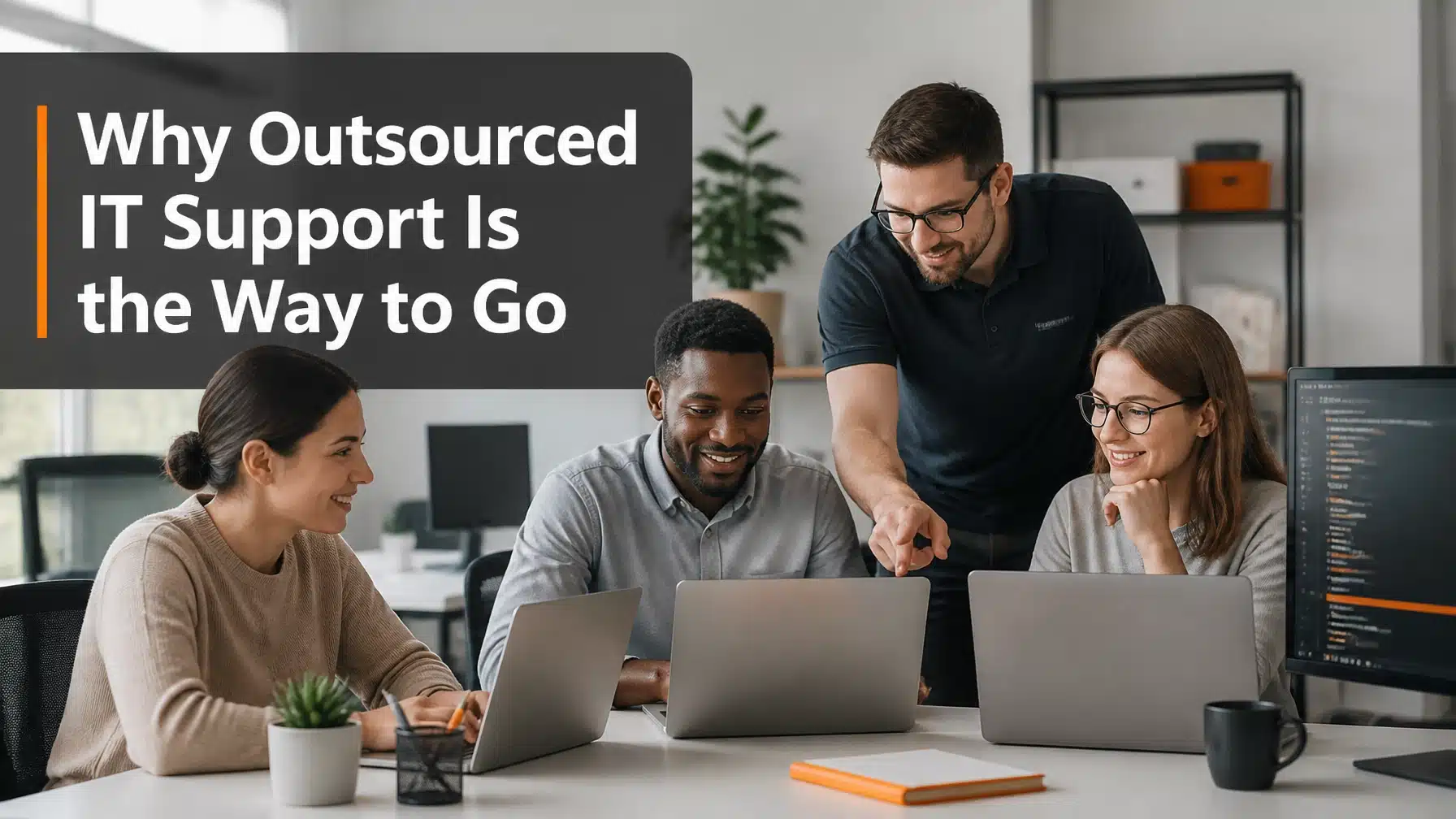 Why outsourced IT support is the way to go shown in a modern collaborative office environment with IT professionals and subtle orange highlights.