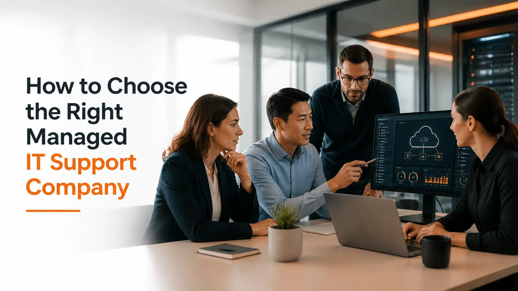 Business professionals in a modern office collaborating on a digital strategy to choose the right managed IT support company.