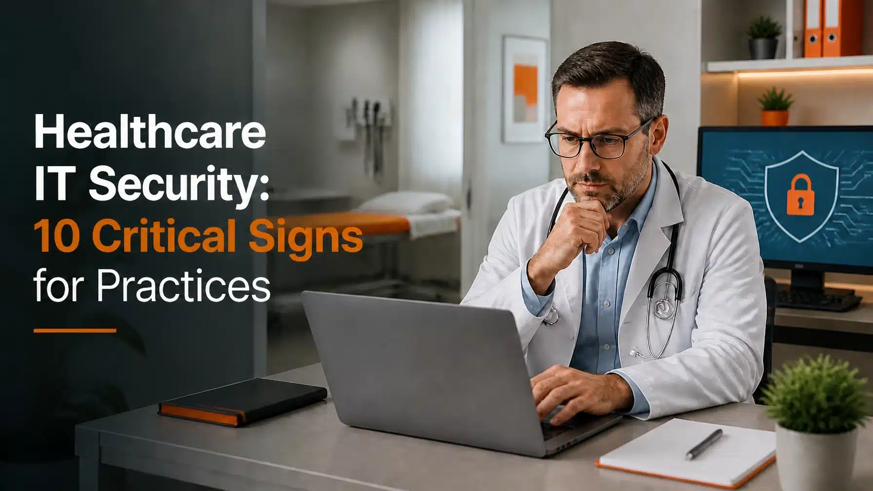 Healthcare IT Security: 10 Critical Signs for Practices hero image showing a modern healthcare office with signature orange highlights.