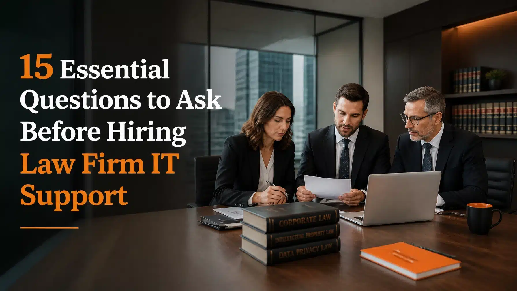 15 Essential Questions to Ask Before Hiring Law Firm IT Support hero image featuring a professional law firm environment with #F67921 highlights and title text overlay.
