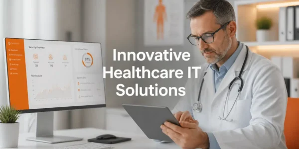 A physician using innovative healthcare IT solutions on a tablet in a modern office.