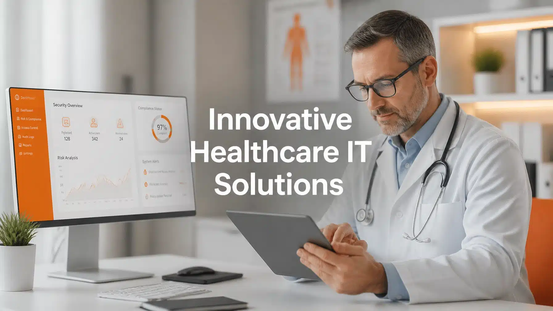A physician using innovative healthcare IT solutions on a tablet in a modern office.