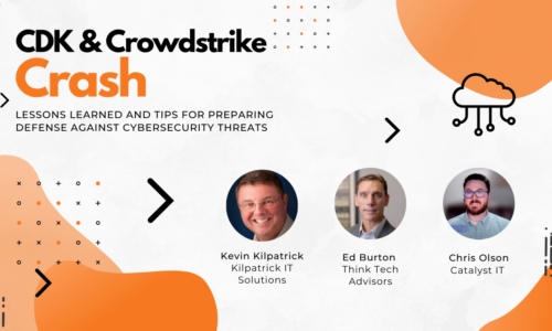 Graphic With Images Of Three Ceos Of IT Companies, Orange Cloud Graphics In The Background With The Titile CTK And CROWDSTRIKE Displayed In The Top Left