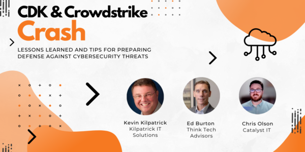 Graphic With Images Of Three Ceos Of IT Companies, Orange Cloud Graphics In The Background With The Titile CTK And CROWDSTRIKE Displayed In The Top Left