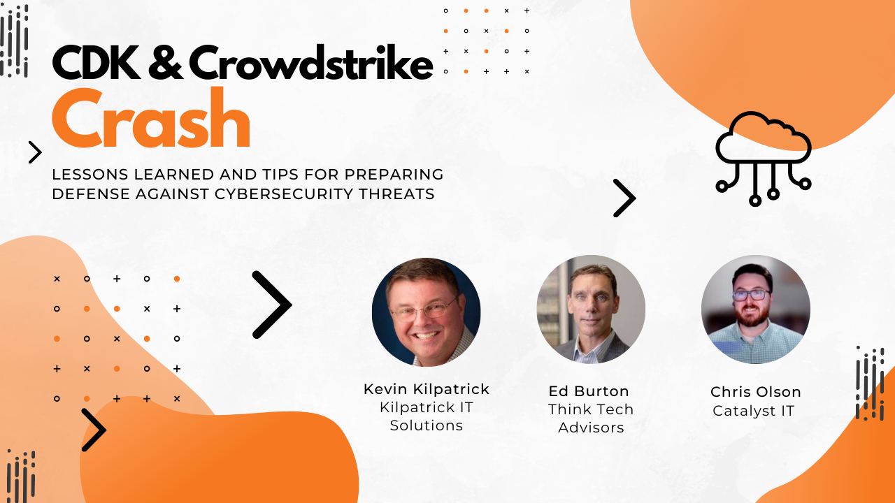 Graphic with images of three ceos of IT companies, orange cloud graphics in the background with the titile CTK and CROWDSTRIKE displayed in the top left