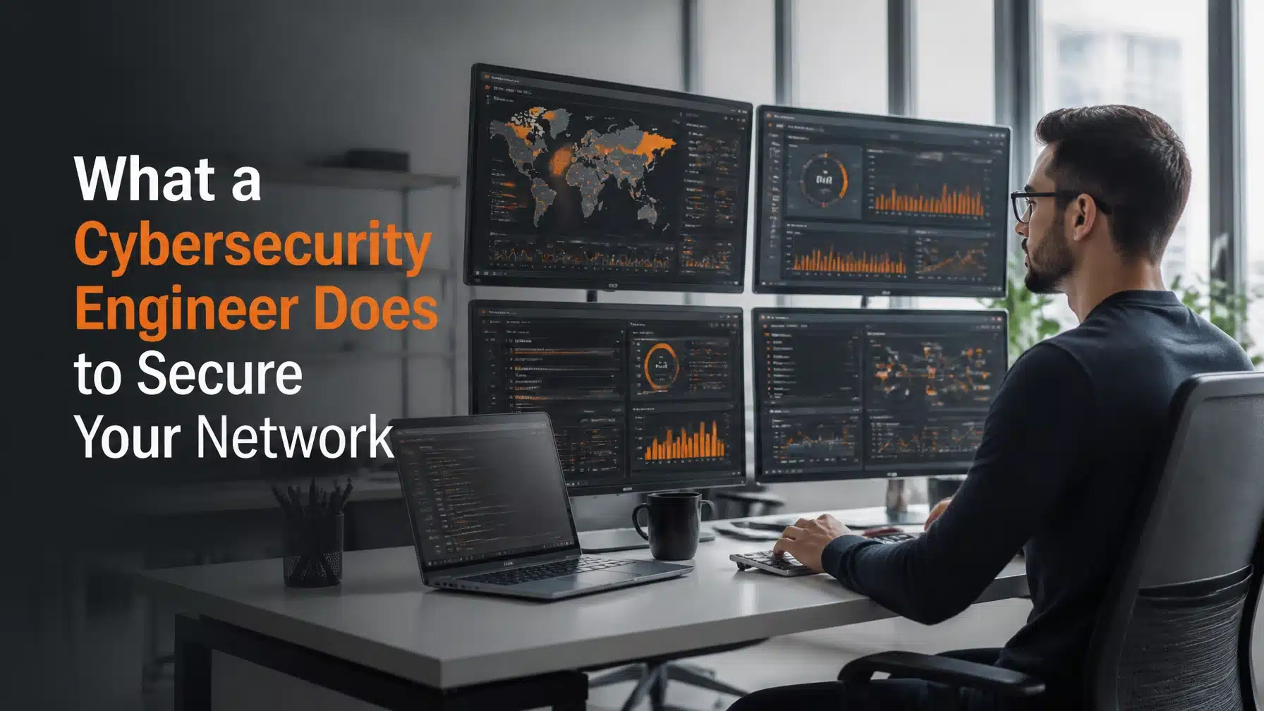 A professional cybersecurity engineer monitoring a network security dashboard with orange highlights.