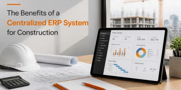 A modern construction management desk featuring a tablet with a centralized ERP system for construction dashboard and architectural blueprints.