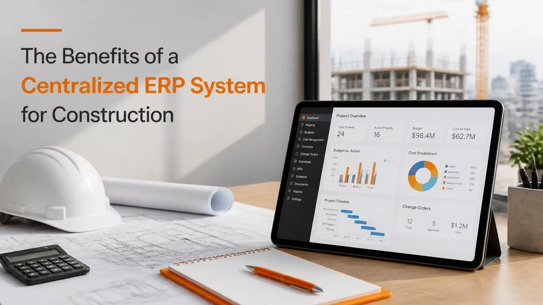 A modern construction management desk featuring a tablet with a centralized ERP system for construction dashboard and architectural blueprints.