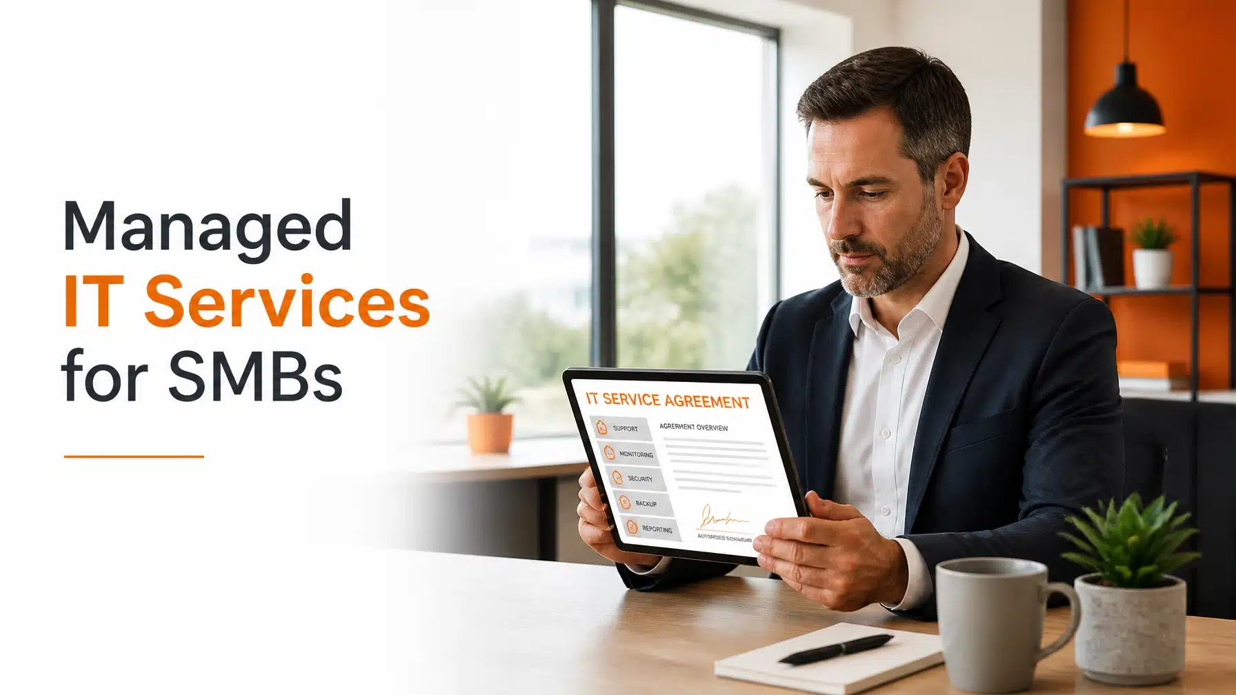 A business leader reviewing a digital contract for managed IT services for SMBs in a modern office.