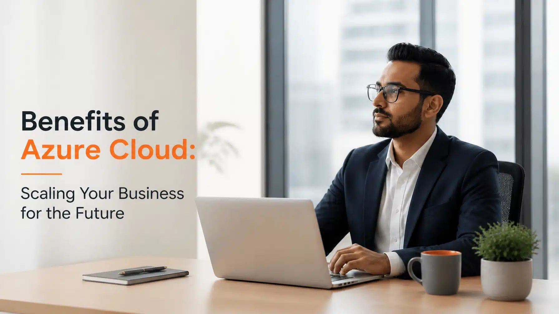A professional working in a modern office setting with a digital cloud overlay, highlighting the benefits of Azure cloud for business scalability and security.