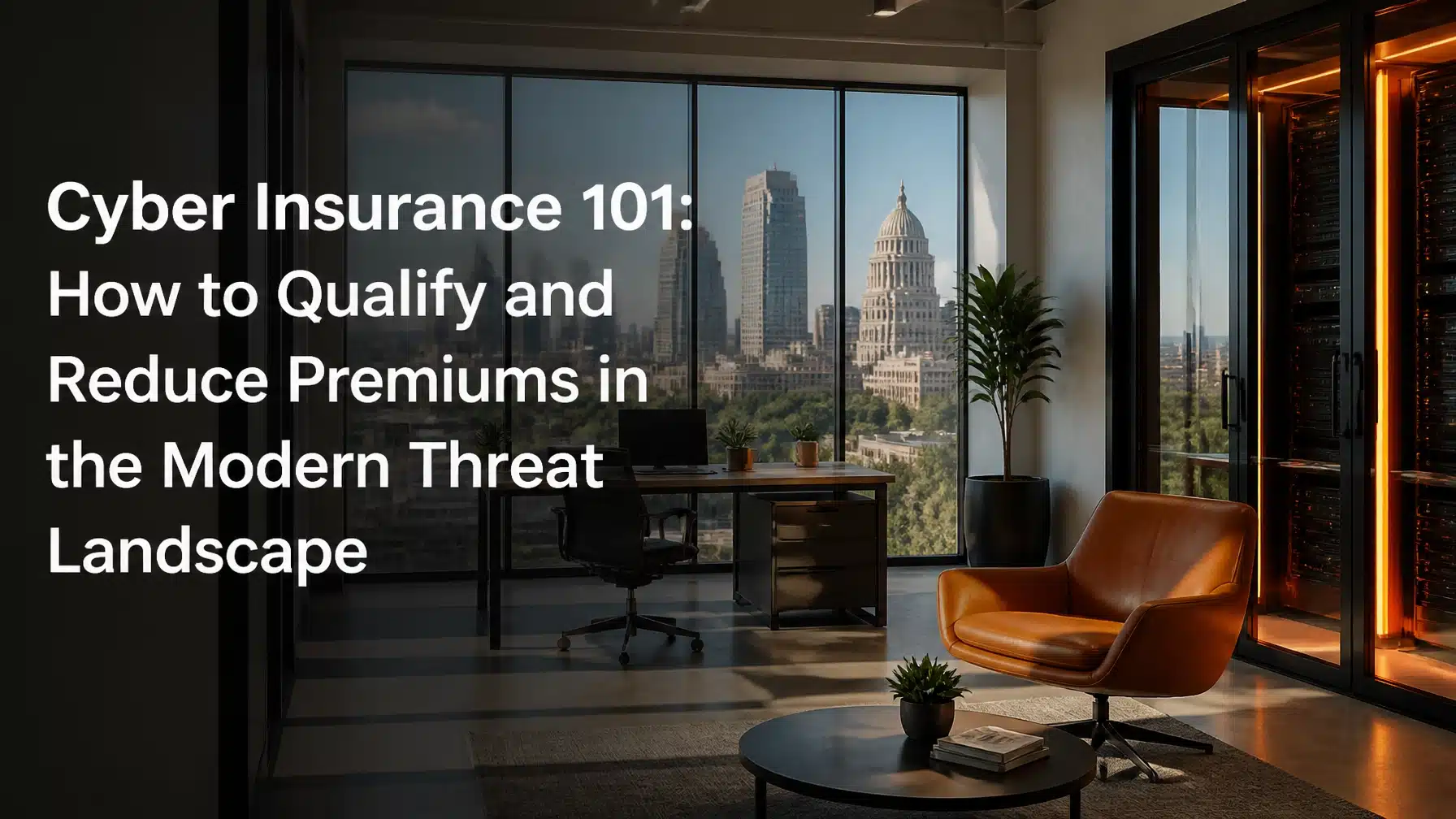 A minimalist office with modern technology and orange accents representing cyber insurance qualification.