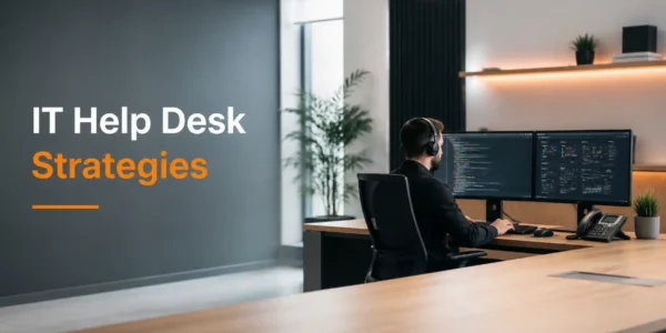 A professional modern office environment featuring a high-tech IT help desk or support center with the title IT Help Desk Strategies.