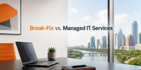 A side-by-side visual concept of reactive break-fix IT support versus proactive managed IT services in a modern office.