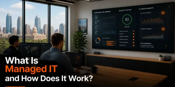 Modern AI-integrated IT monitoring dashboard in an Austin office illustrating managed IT services