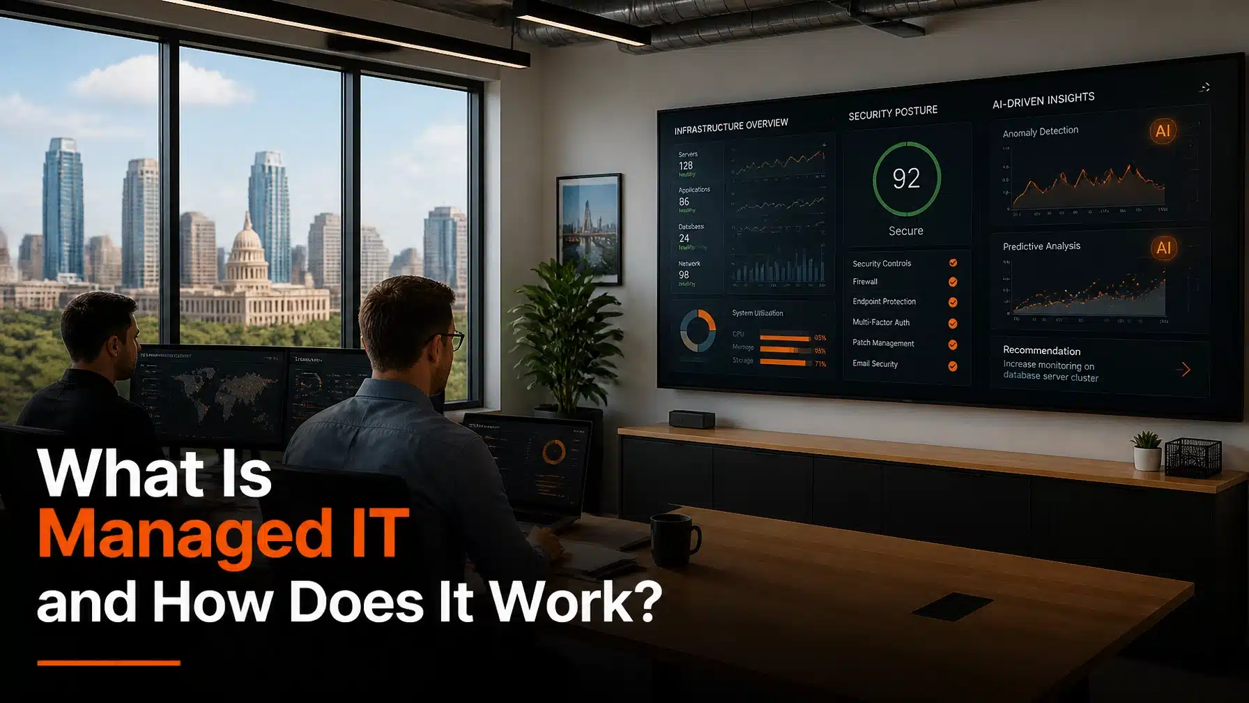 Modern AI-integrated IT monitoring dashboard in an Austin office illustrating managed IT services