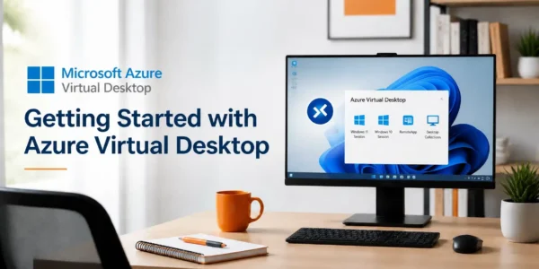 A modern office and remote work setting illustrating Azure Virtual Desktop setup for secure business access.