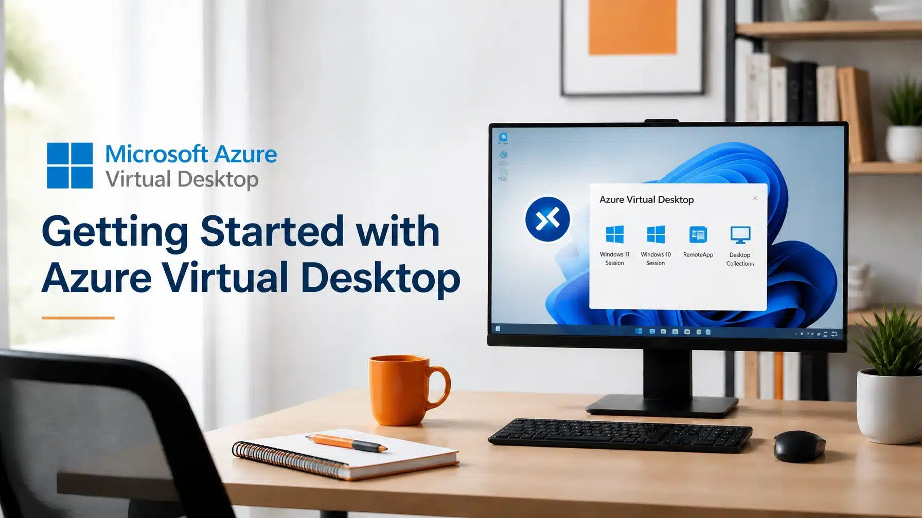 A modern office and remote work setting illustrating Azure Virtual Desktop setup for secure business access.