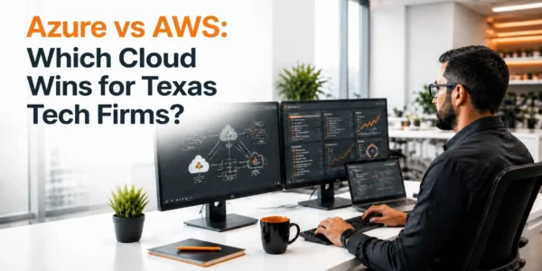 Professional office setting comparing cloud solutions for business, specifically Azure vs AWS for Texas tech firms, featuring Terminal B orange accents.