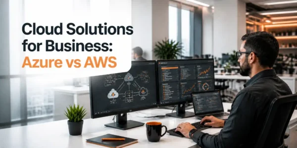 Cloud solutions for business hero image showing a professional tech-focused office setting with orange #F67921 highlights and a title overlay reading Cloud Solutions for Business: Azure vs AWS, with no logos or year-specific text.