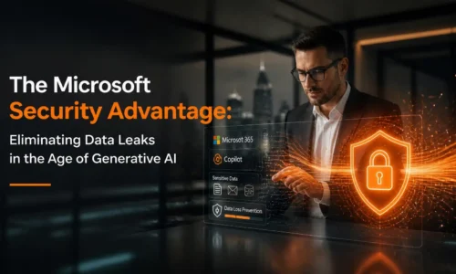 Professional illustration of Microsoft security layers protecting generative AI data from leaks.