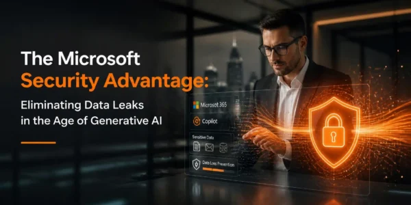 Professional illustration of Microsoft security layers protecting generative AI data from leaks.