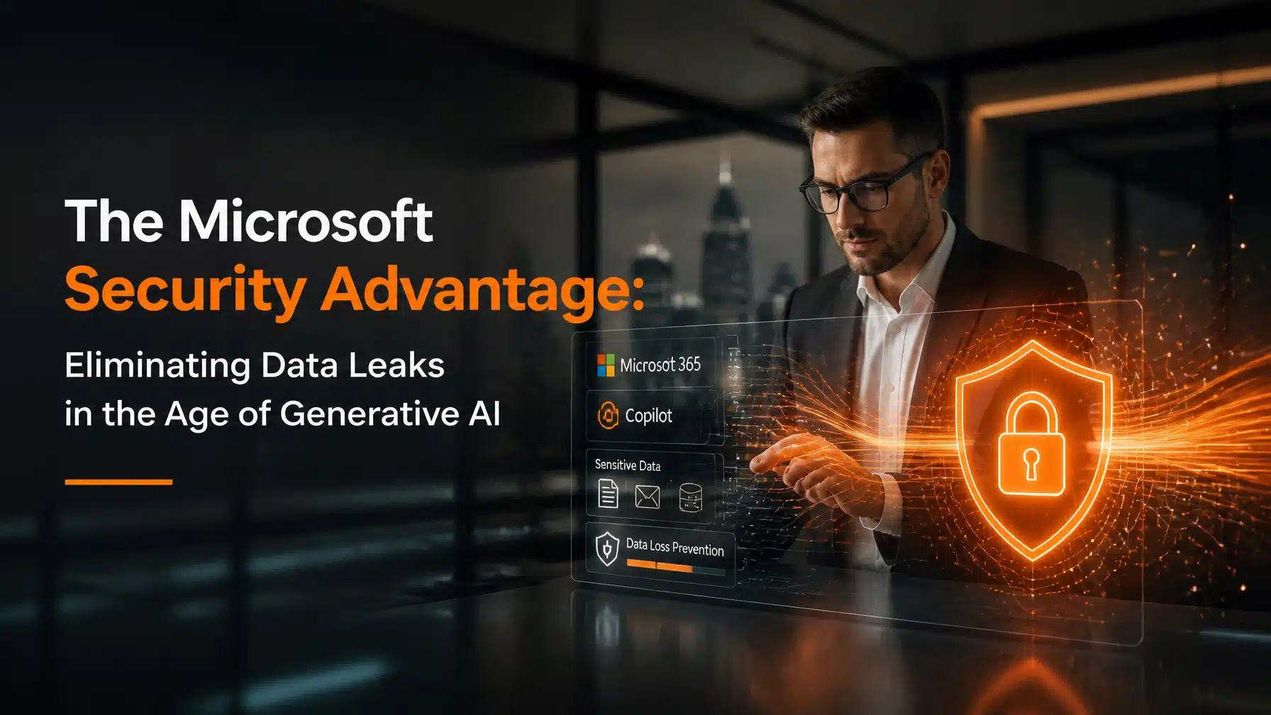 Professional illustration of Microsoft security layers protecting generative AI data from leaks.