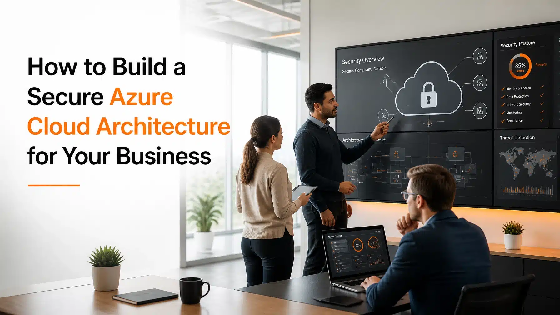 Secure Azure cloud architecture diagram with identity governance, Zero Trust networking, and Azure security controls for business