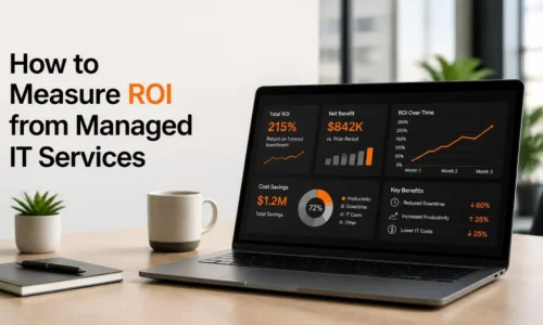 A modern office dashboard showing managed IT services ROI metrics with orange highlights.