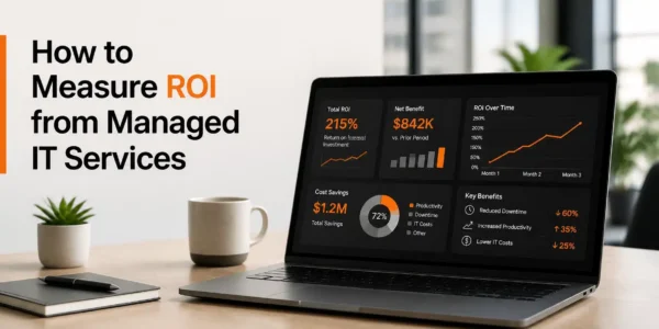 A modern office dashboard showing managed IT services ROI metrics with orange highlights.
