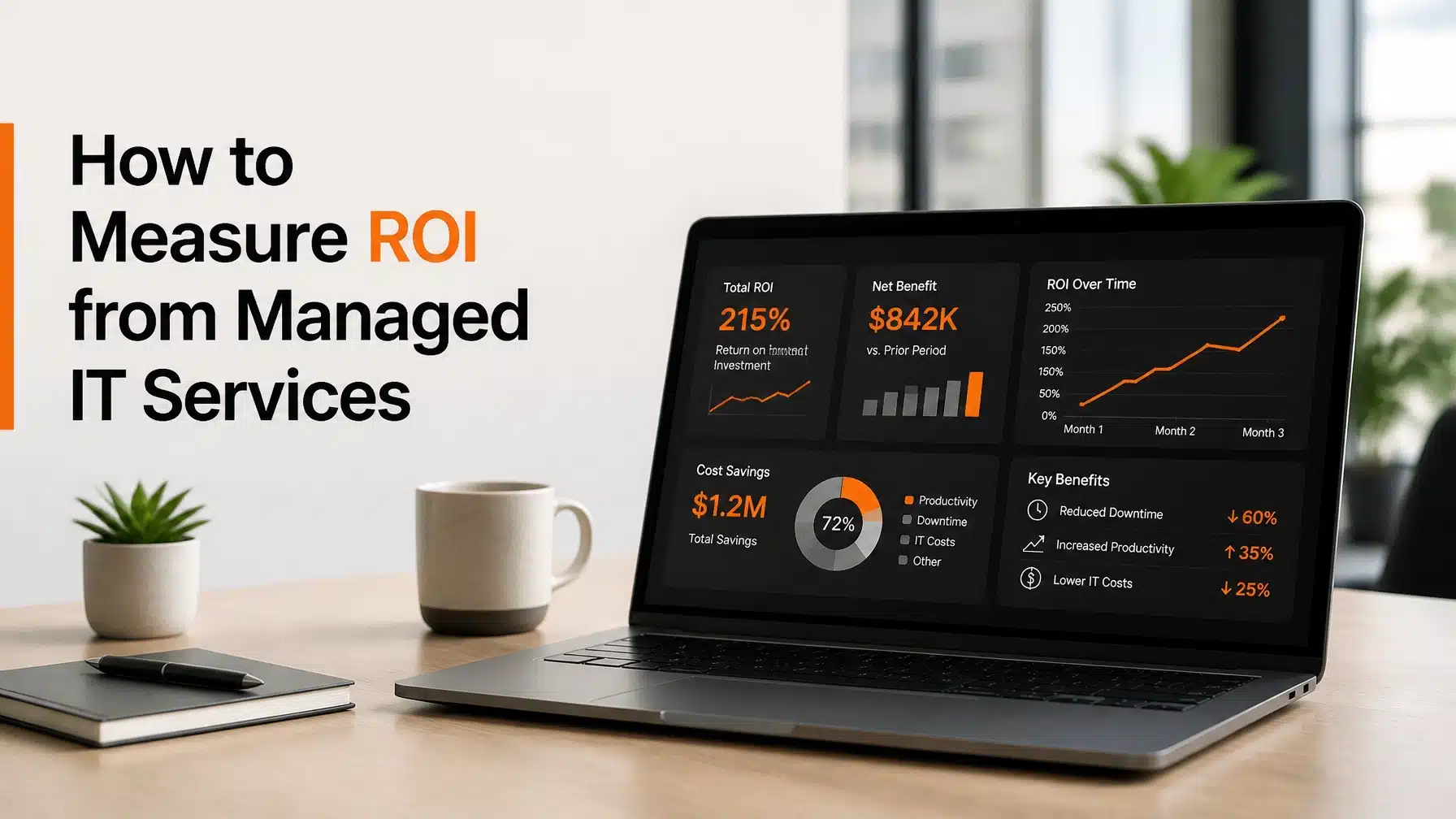 A modern office dashboard showing managed IT services ROI metrics with orange highlights.