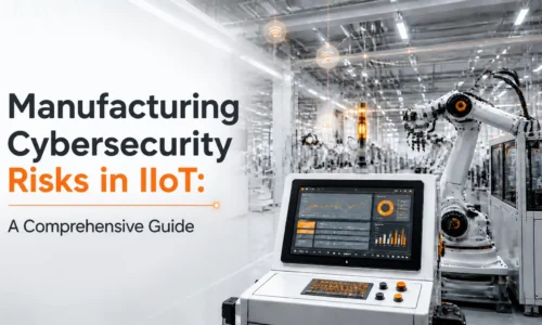 A modern factory floor with IIoT-connected systems and the title Manufacturing Cybersecurity Risks in IIoT: A Comprehensive Guide displayed on the image.