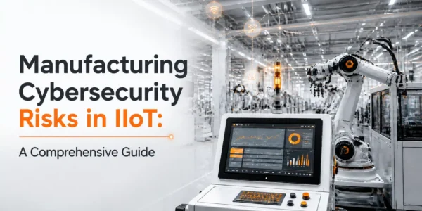 A modern factory floor with IIoT-connected systems and the title Manufacturing Cybersecurity Risks in IIoT: A Comprehensive Guide displayed on the image.