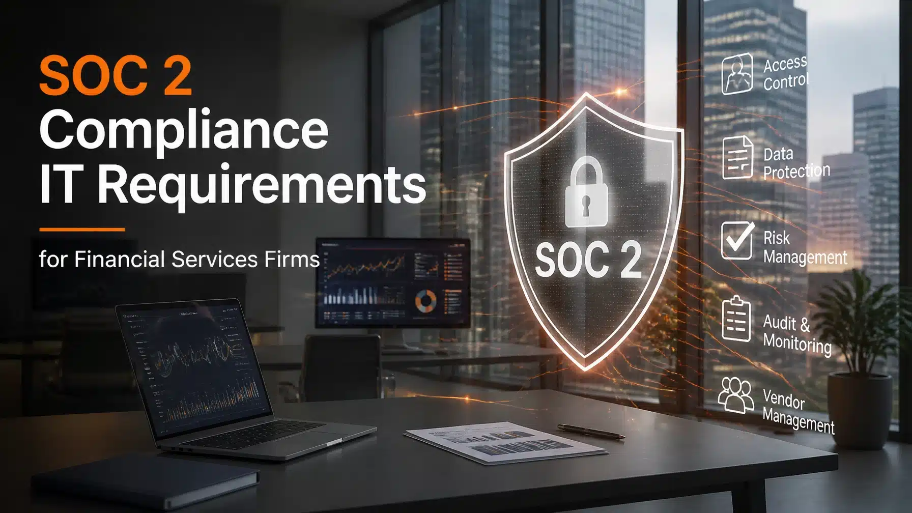 A high-tech financial office with a digital SOC 2 security overlay and Terminal B orange highlights.