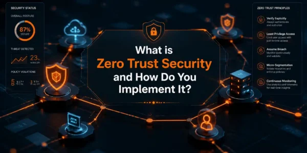 A modern network visualization dashboard with orange highlights showing what is zero trust security.