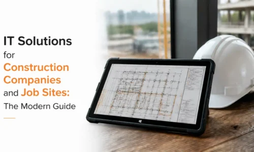 A rugged tablet and hard hat on a desk illustrating modern IT solutions for construction companies.