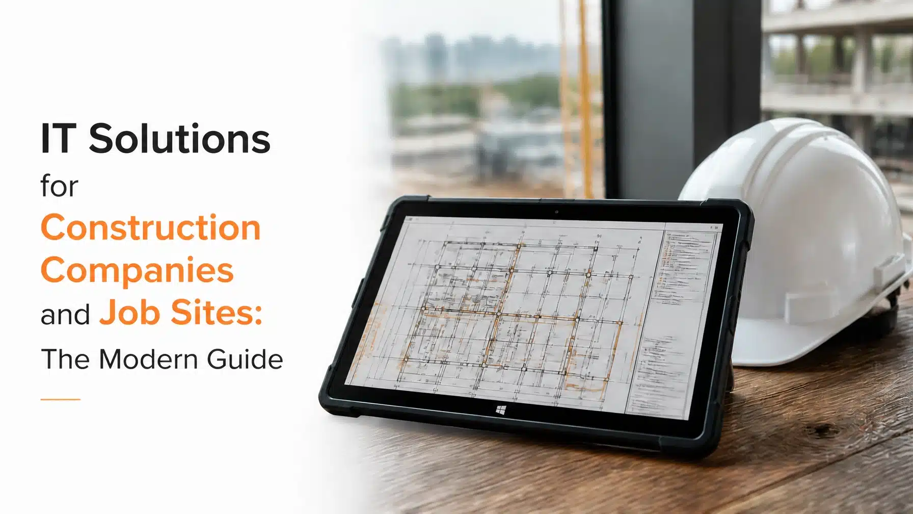 A rugged tablet and hard hat on a desk illustrating modern IT solutions for construction companies.