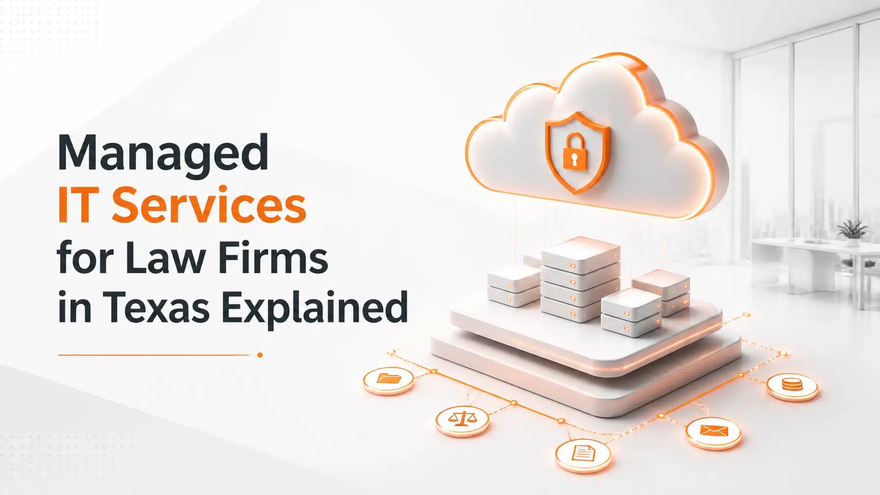 Secure digital network visualization with orange highlights representing managed IT services for law firms Texas.